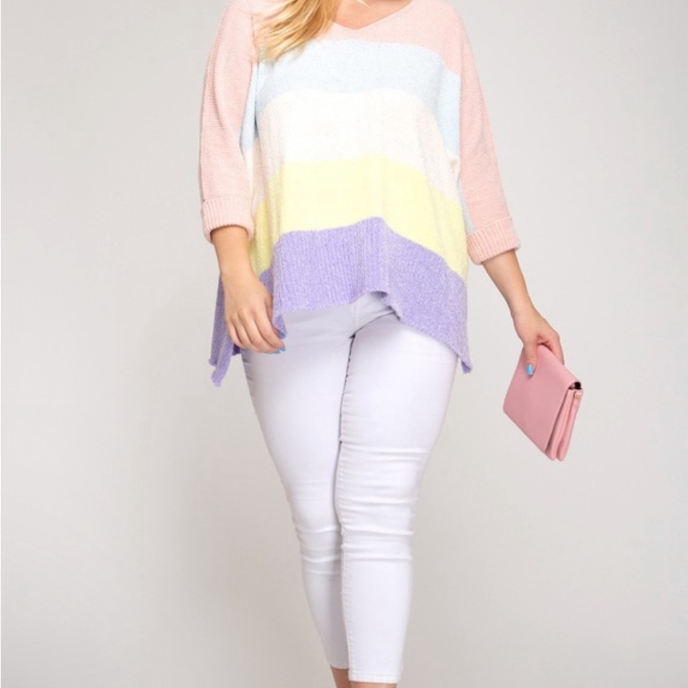 She & Sky Women’s Softest Color block Lite Sweater Shark bite Hi Low 3/4 sleeve